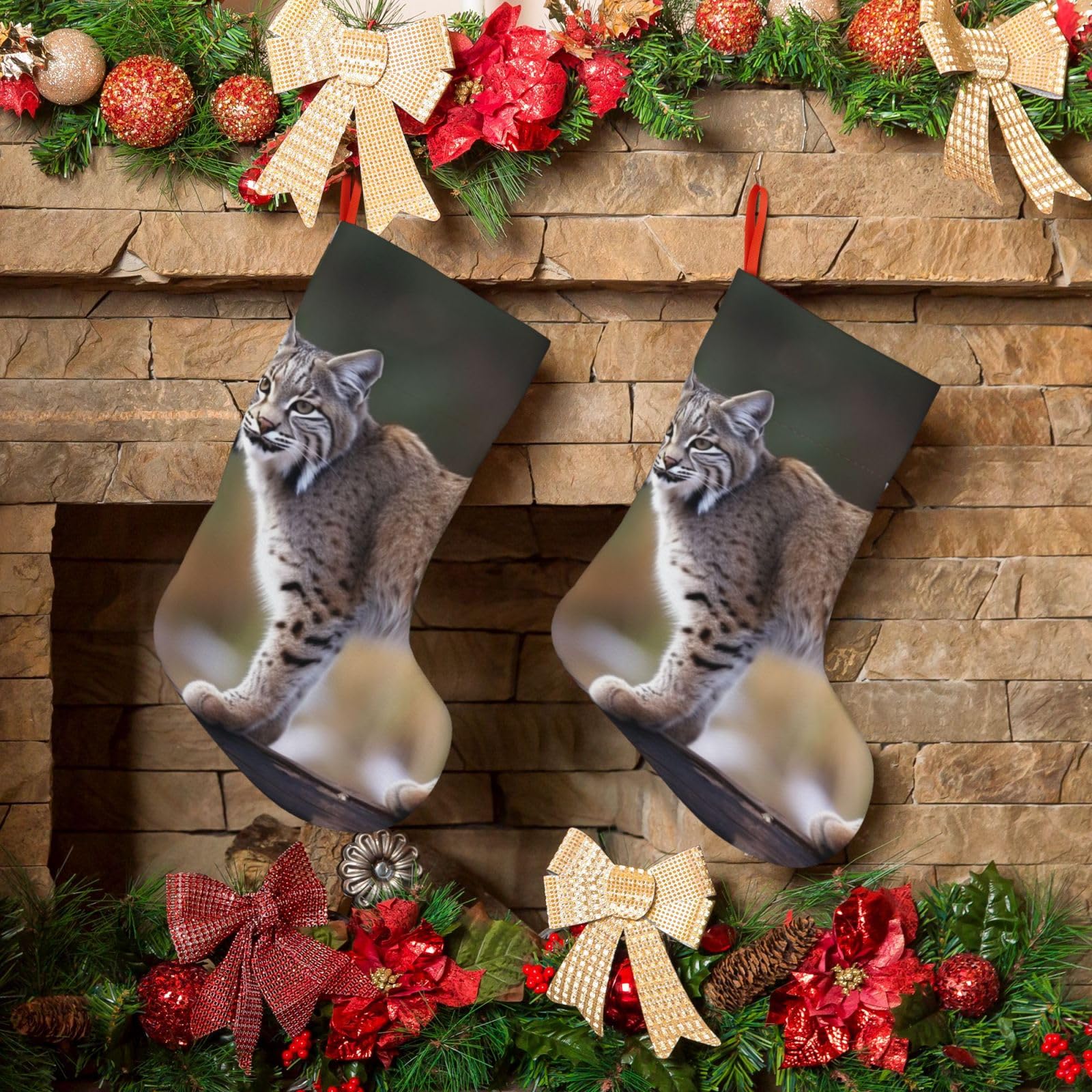 KLOPH Christmas Stockings 18" Personalized Xmas Stocking Wild Bobcat Decoration Stocking Hanging Fireplace Stocking for Holiday Xmas Tree Christmas Fireplace Decor