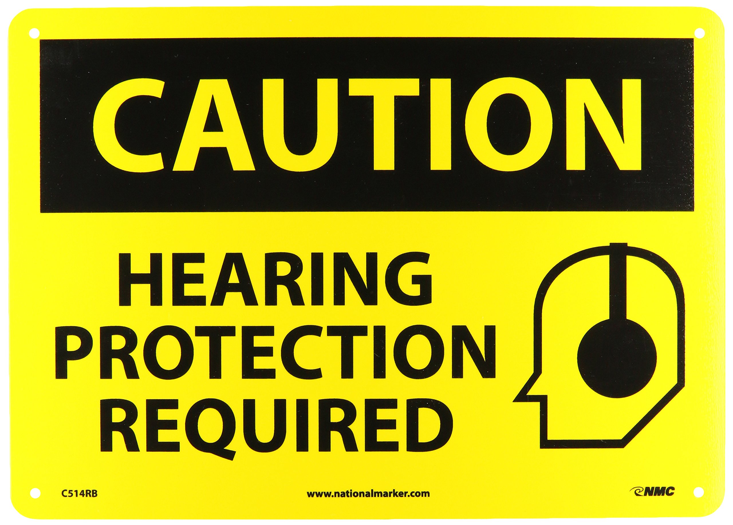 NMC C514RB CAUTION - HEARING PROTECTION REQUIRED Sign - 14 in. x 10 in., Black Text on Yellow, Rigid Plastic Caution Sign with Graphics