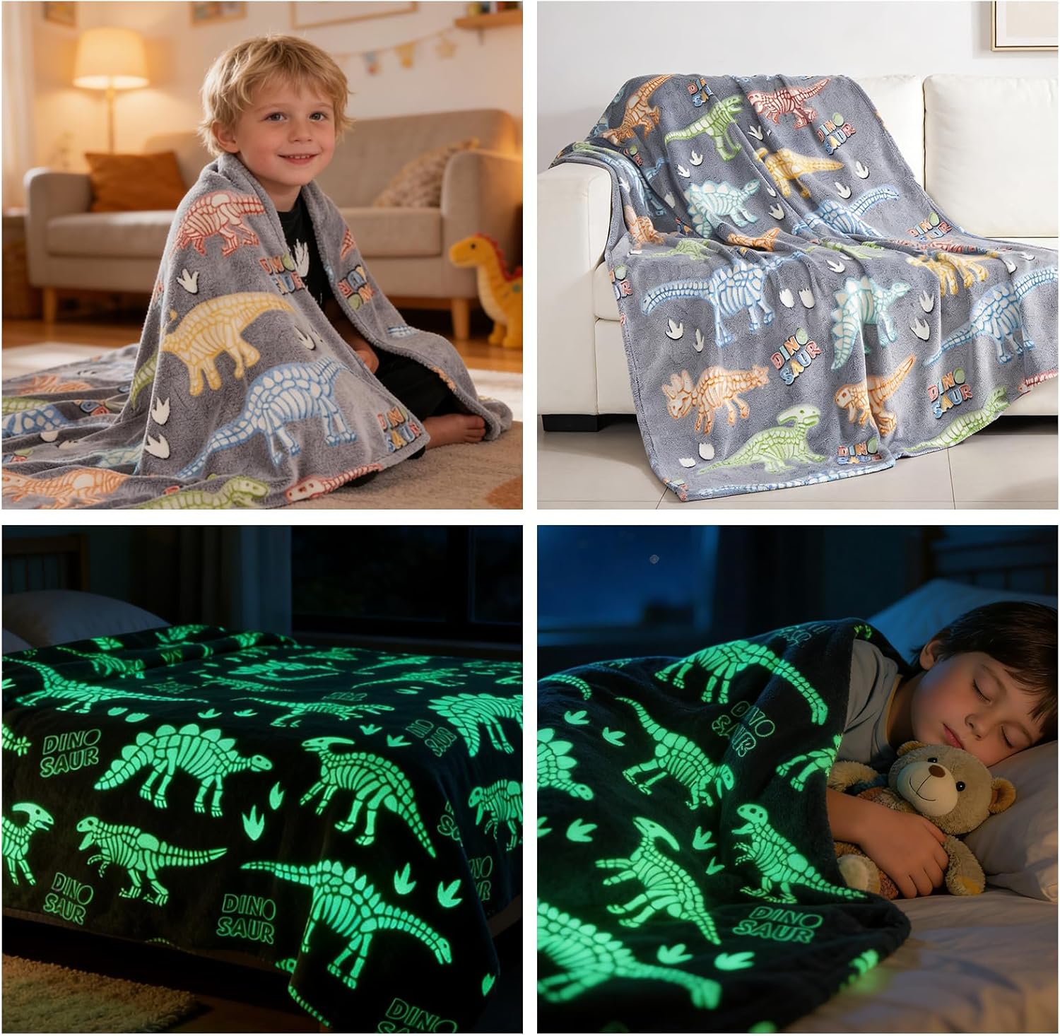 Dinosaur Blanket for Boys 60"x80" Glow in The Dark Dinosaur Throw Blanket for Boys Girls Kids,Soft Warm Cozy Cute Dino Blanket Unique Dinosaurs Toys Gifts for Age 1-16 Birthday Christmas Easter Decor