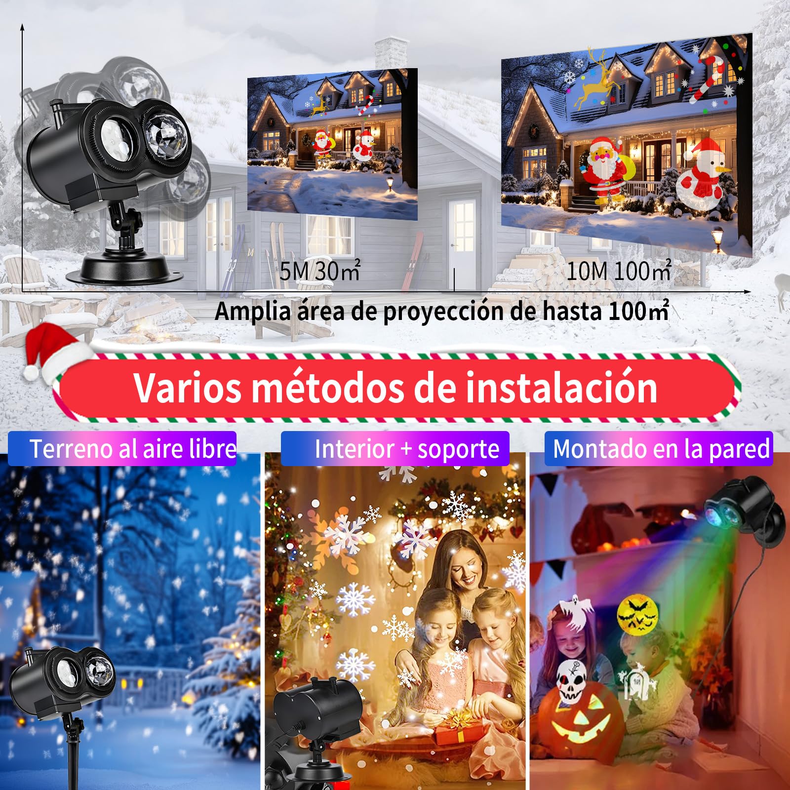 Proyector Navidad Exterior y Interior, Decoración Proyector Luces Navidad Exterior Fachada con Control Remoto, 16 Diapositivas de Patrones y 10 Efectos de Olas, Impermeable