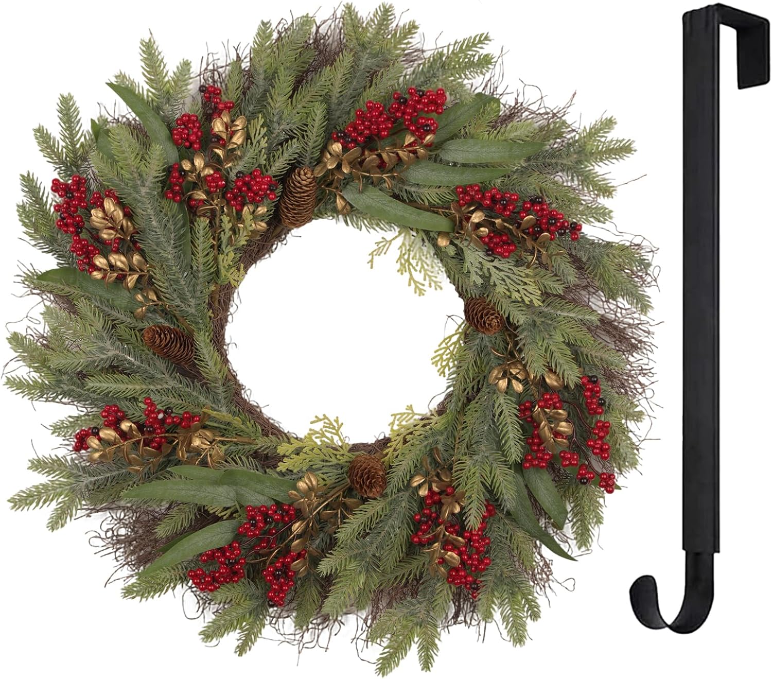 26” Christmas Wreath with Hanger Lights for Front Door Outdoor Evergreen Fir Berry Clusters Pine Cones Winter Décor Indoor Wall Decorations