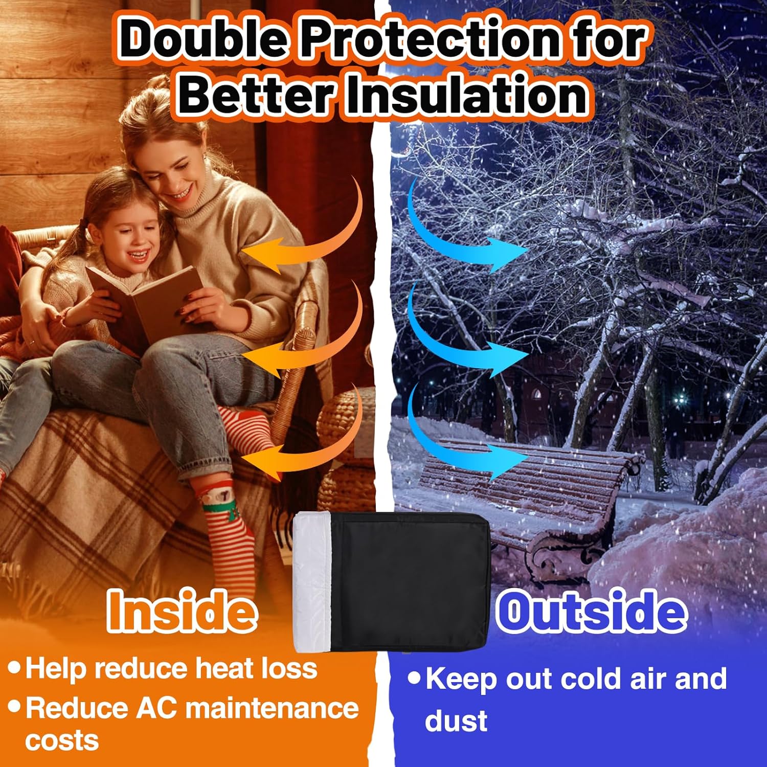 2 Pack Windproof Window AC Cover for Indoor Outdoor - Insulation Air Conditioner Unit Covers with Drawstring for Winter Inside 20.8''W × 15.7''H × 3.5''D and Outside 20.8''W × 15.7''H × 15.7''D