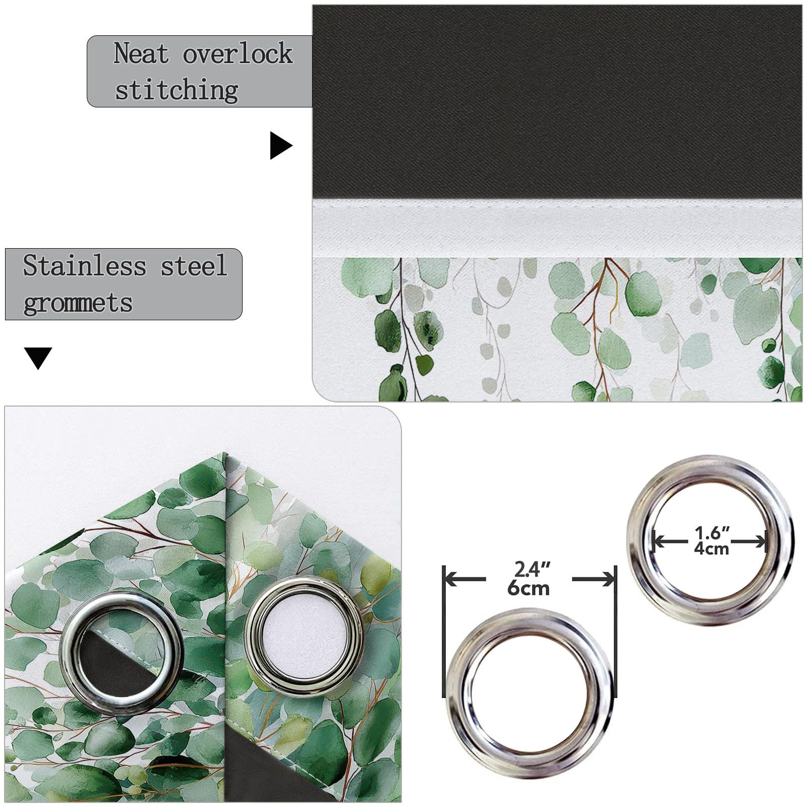 Generisch Vorhänge Aquarell Pflanzen Ranken Motiv, Natur Landhausstil Blickdichte Vorhänge für Wohnzimmer Schlafzimmer Deko, Grün Thermo Verdunklungsvorhänge mit Ösen, 5er Set H245 x B100 cm