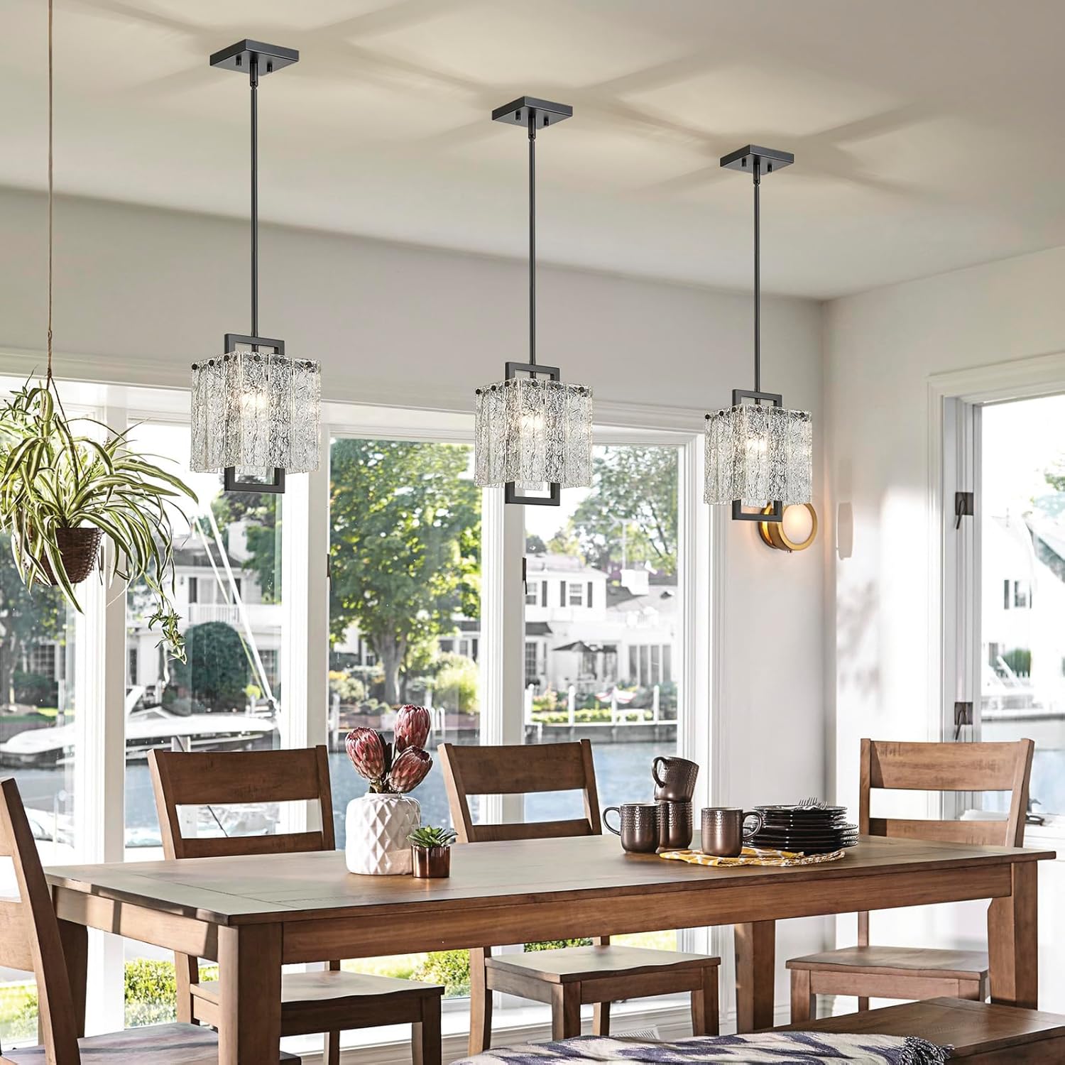 Shrine Lighting Black Chandeliers, Modern Glass Pendnat Light for Dining Room, D6.3''×H19.5'', Adjustable 50.8'', 1 x E12 Sockets, Glass LampShade & Black Finish Frame