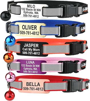 GoTags Reflective Cat Collars with Personalized Tag, Breakaway Collar with Safety Buckle Matching Bell, Engraved Custom with Name and Phone, Adjustable for Cats and Kitten, Pink with Nameplate