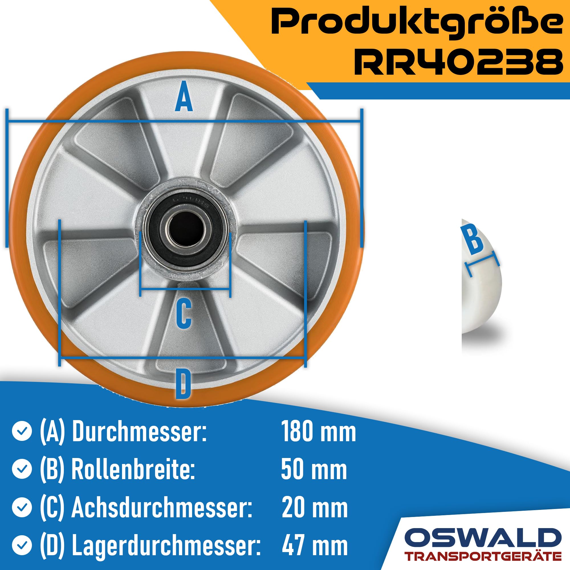 Hubwagen Rad Polyurethan 180 x 50/50 mm, Achse 20 mm - Ersatzrad inkl. Kugellager