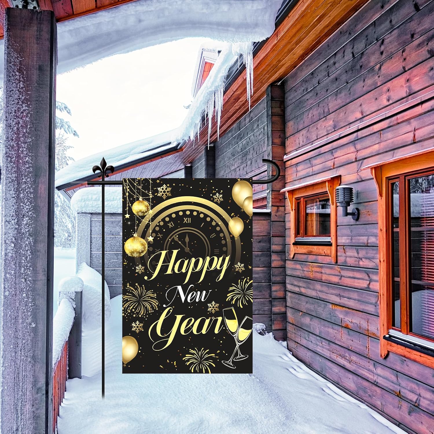 Happy New Year Garden Flag, 18x12in Double Sided Outdoor Flag with Golden Words Black Backdrop Cheers Fireworks Pattern Yard Decorations - Image 5