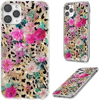 for iPhone 12 Case,for iPhone 12 Pro Case for Women Girl,Full Protective Shockproof Slim TPU Clear Phone Cover for iPhone 12/12 Pro,Glitter Sparkle Shiny Pearl Luster Leopard Print Pink Flower Floral