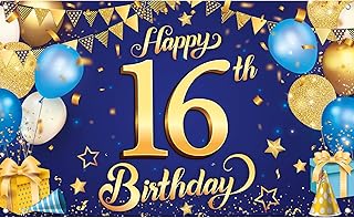 KatchOn, Blue and Gold Happy 16th Birthday Banner - XL, 72x44 Inch | Blue 16th Birthday Backdrop, 16th Birthday Party Supplies, 16 Year Old Boy Birthday Decorations, 16th Birthday Decorations for Boys