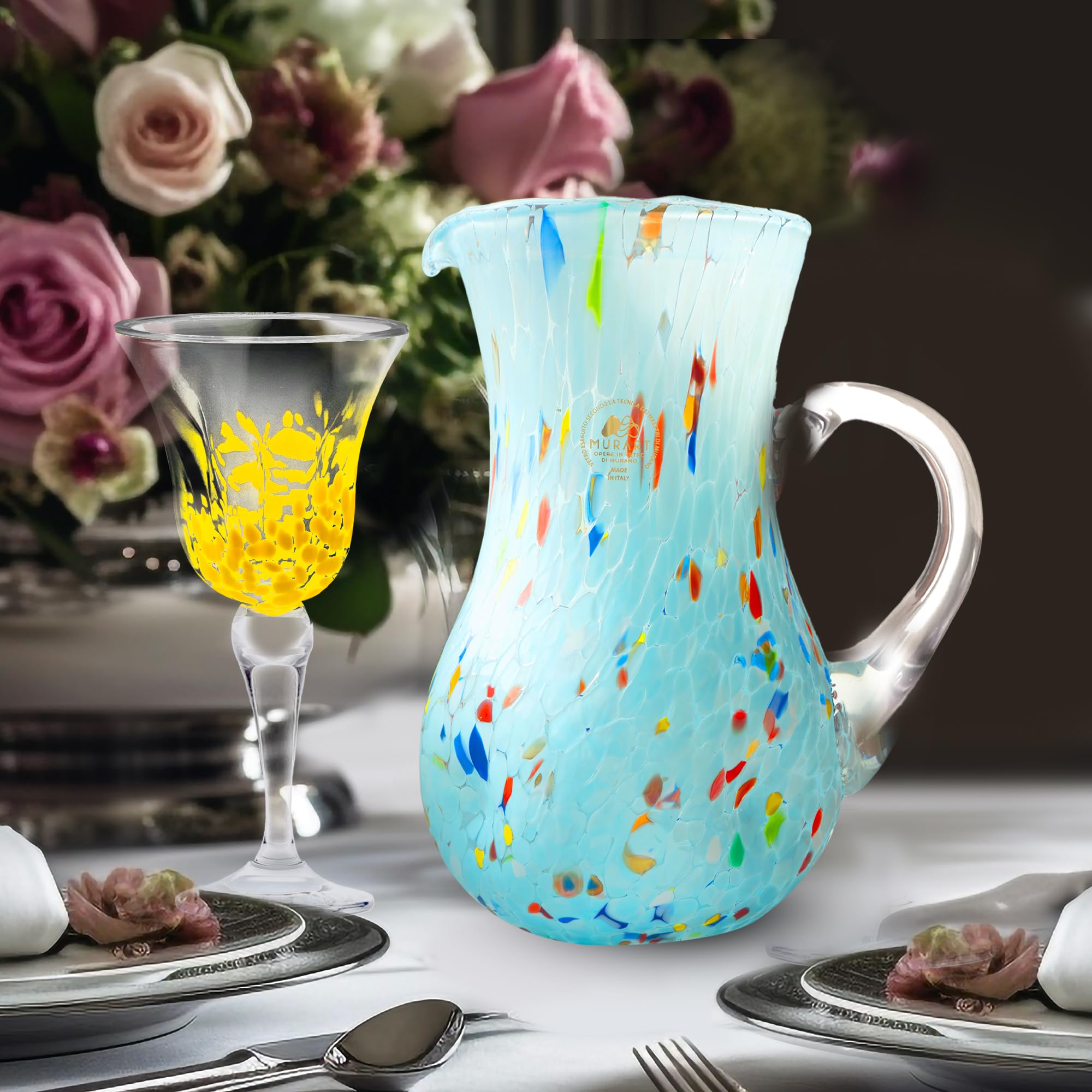 MurArt Brocca in Vetro di Murano Set da 6 bicchieri da 1000ml Collezione Onde in vetro soffiato a mano in lavorazione artigianale Made in Italy (Celeste, Brocca)