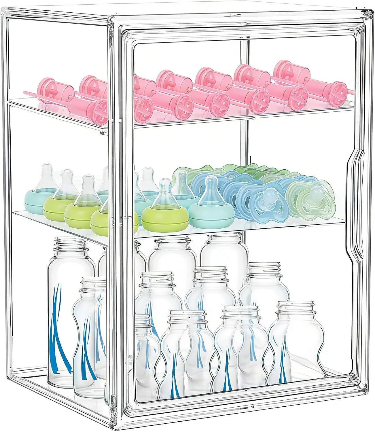 Baby Bottle Organizer for Countertop 3 Tier Bottle Storage Holder Baby Bottles Station Organization Acrylic Case Container with Magnetic Door and Handle for Bottles,Nipples and Pump Accessories Clear