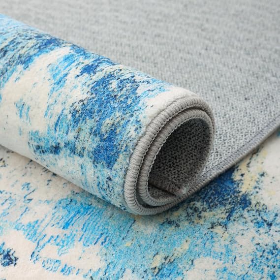 Carvapet 9x12 Area Rug - Blue Modern Abstract Large Carpet Low Pile, Non Slip Rubber Backing Easy Clean Foldable Big Thin Floor Mat for Living Room Bedroom