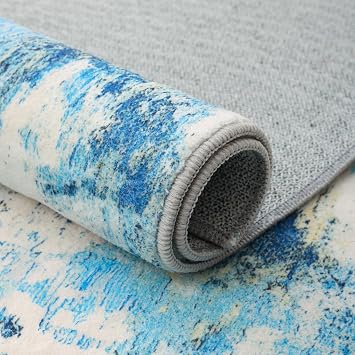 Carvapet 9x12 Area Rug - Blue Modern Abstract Large Carpet Low Pile, Non Slip Rubber Backing Easy Clean Foldable Big Thin Floor Mat for Living Room Bedroom