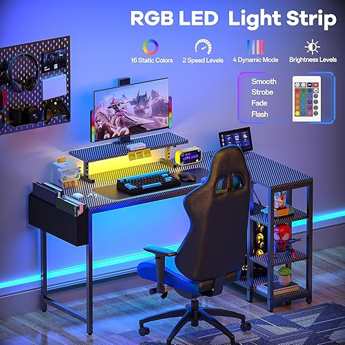 Miniatura 5 de Escritorio en forma de L para juegos con luces LED y toma de corriente, escritorio de computadora reversible de 40" con soporte ajustable para