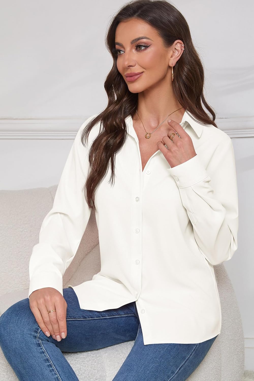 Women Wrinkle Free Soft and Breathable Chiffon Button Down Long Sleeve Blouse Collared Shirt Work Casual Tops - Image 3
