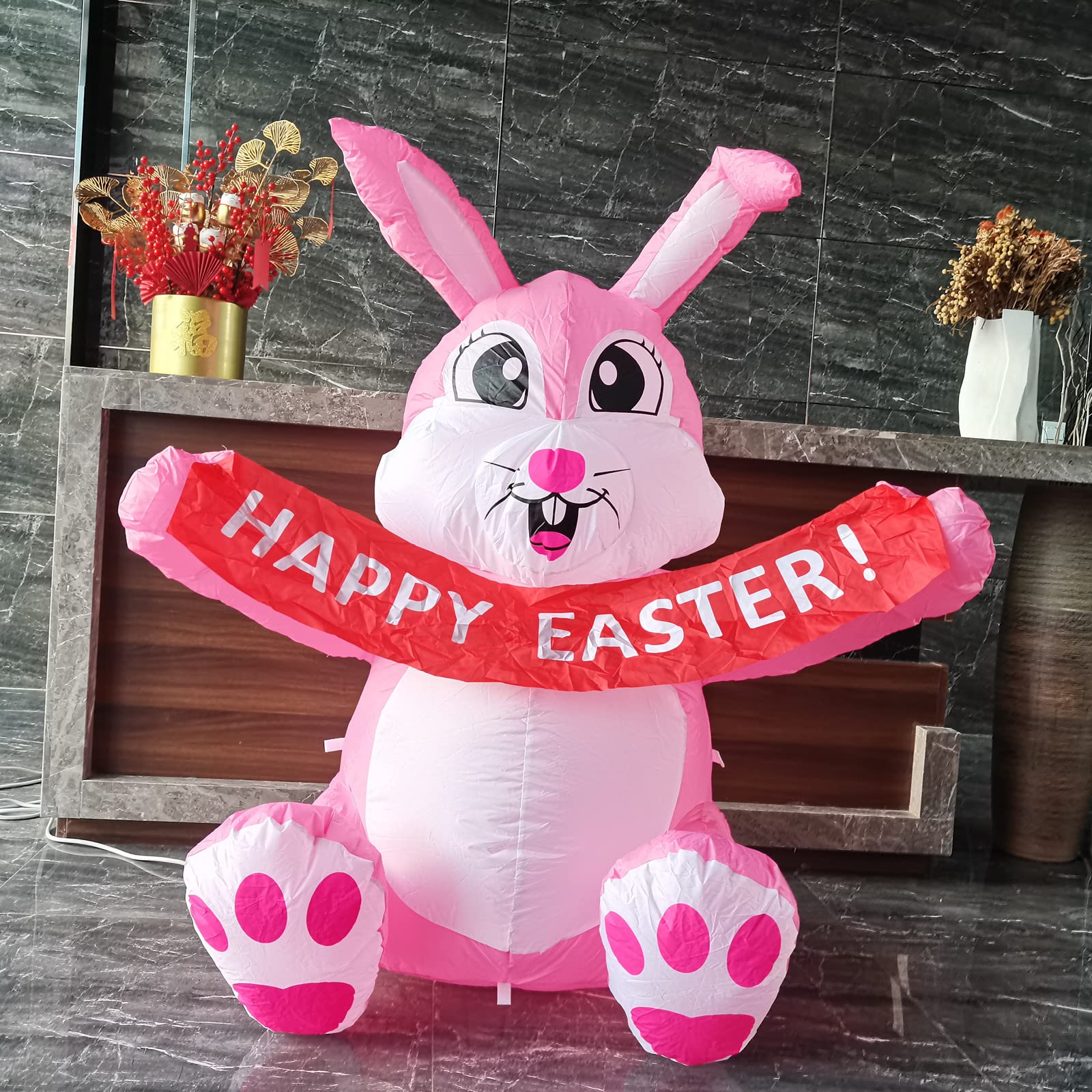 BOOWOO Easter Inflatable Decorations, 5 FT Inflatable Easter Bunny, Easter Blow up Decorations with Light for Holiday Party Indoor Outdoor Yard Garden Lawn Decorations (Holding The Banner), Pink