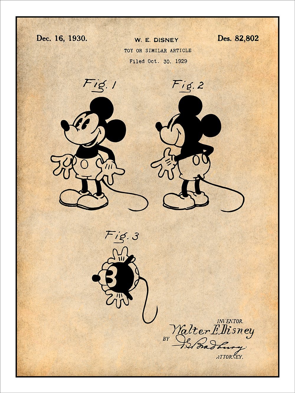 WALT DISNEY'S MICKEY MOUSE アートワーク Mickey Mouse Print | 1930 Walt Disney Patent Print