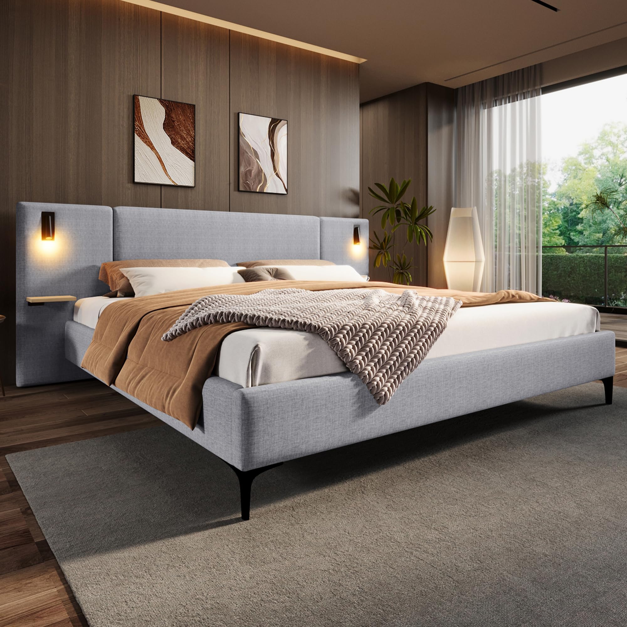 Latitude Run® Chic Boucle Upholstered Bed With Integrated Lights And Shelves White W115089729