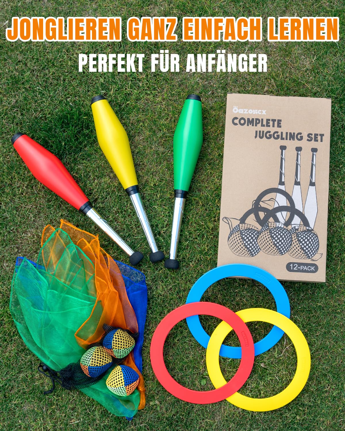Jonglier-Starterset 4-in-1 mit 3 Bällen, 3 Tüchern, 3 Ringen & 3 Keulen für Anfänger