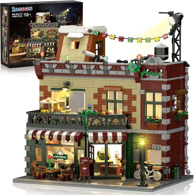 INSOON Coffee House Building Set with Lights, City Cafe Shop Architecture | Construction Model Kit with Stage Street Lights, Home Decor Display Gift for Adults Teen Boys Girls 10 11 12+ (1589 PCS)