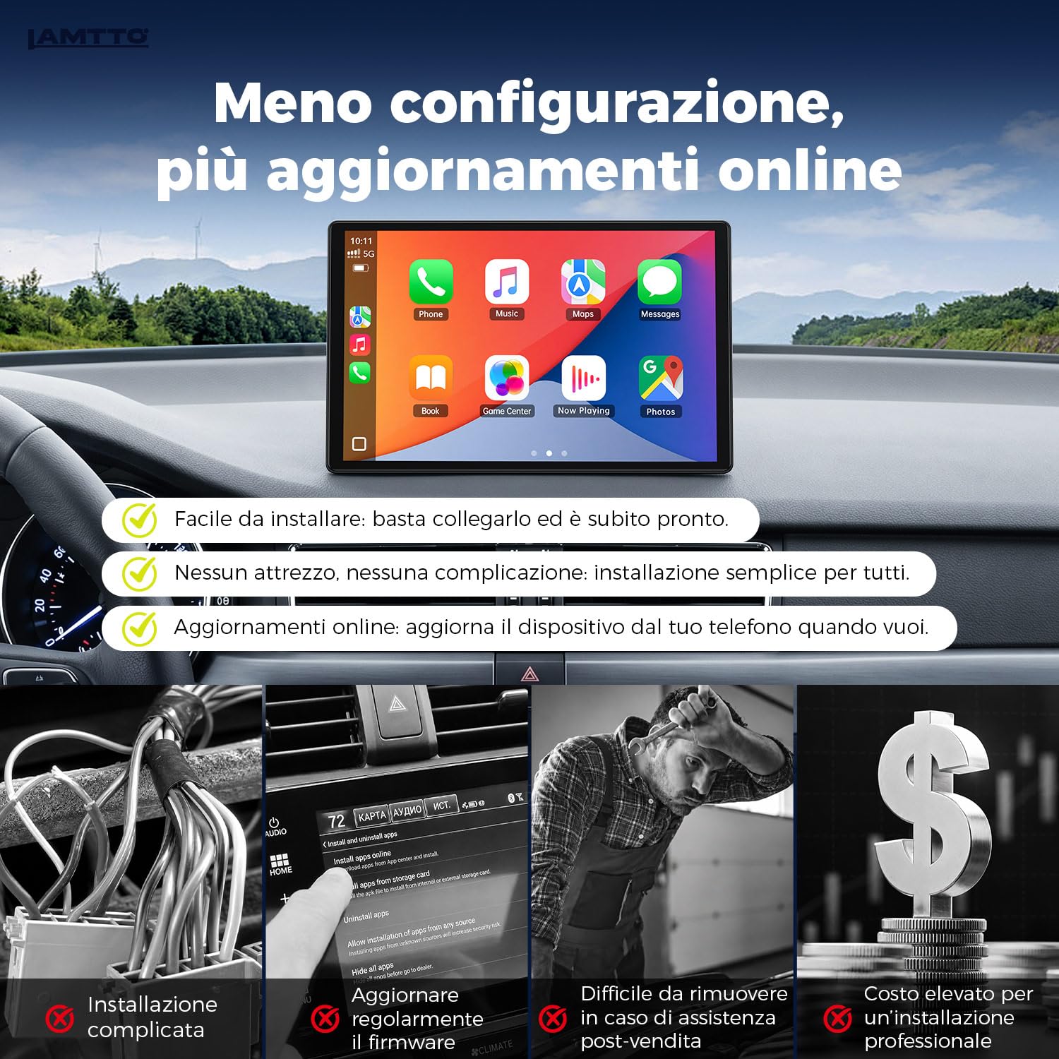 LAMTTO Schermo Portatile Wireless da 11 Pollici 2026 Upgrade CarPlay per Apple CarPlay & Android Auto,Car Play per Auto con Navigazione GPS, Bluetooth, AirPlay, AUX, Connettività per Tutti i Veicoli