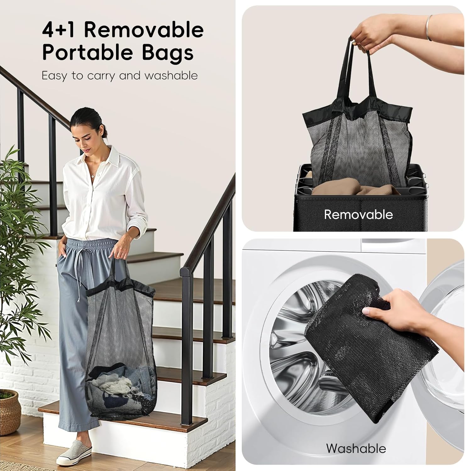 Laundry Hamper 4-Section with Lid, 185L Laundry Sorter with 4 Removable Bags + 1 Extra Large Bag, Switchable 3/4 Compartment, Laundry Basket Organizer for Bedroom, Laundry Room，Black