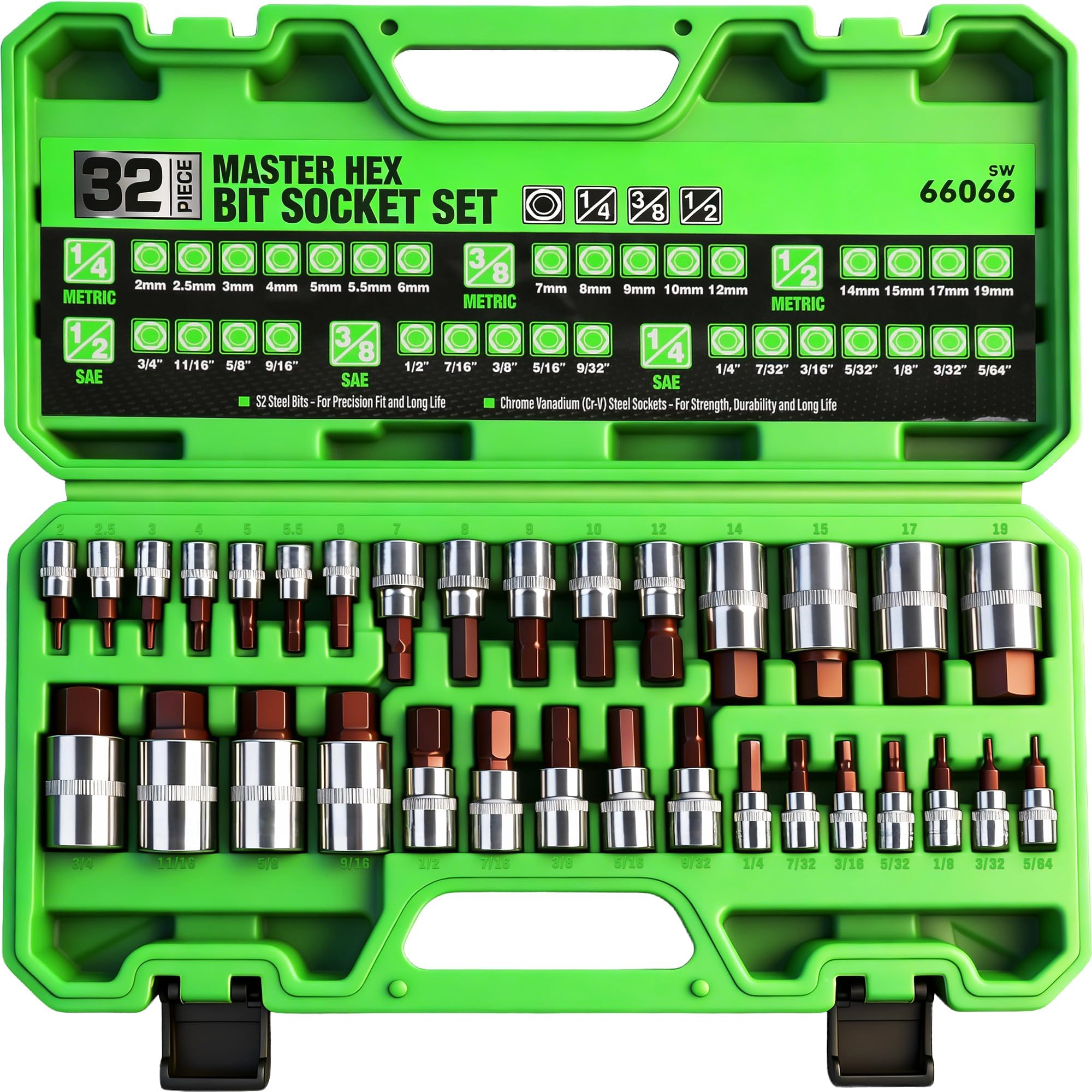 SWANLAKE 32 Piece Hex Bit Socket Set,SAE and Metric, 1/4'', 3/8', 1/2'' Drive Socket Set, S2 & Cr-V Steel