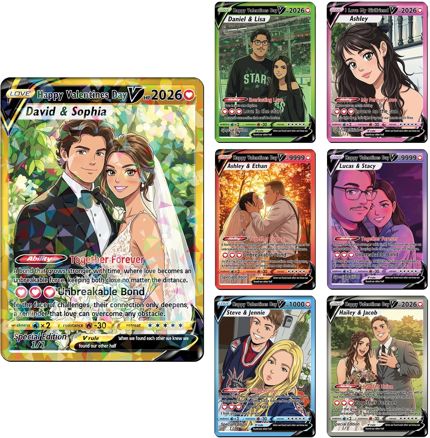 Custom Couple Photo Poke Card Anime Style, Personalized Couple Card Portrait Gifts for Poke Lovers, Gifts for Valentine, Anniversary, Wedding, Husband, Boyfriend, Him Her, Men V Card