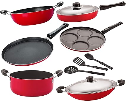Nirlon Non-Stick Aluminium Cookware Combo Essential Set Item- 9 Pieces [FT13_FP13_KD12_CHATTI_Cass20_UP4_3SPN]