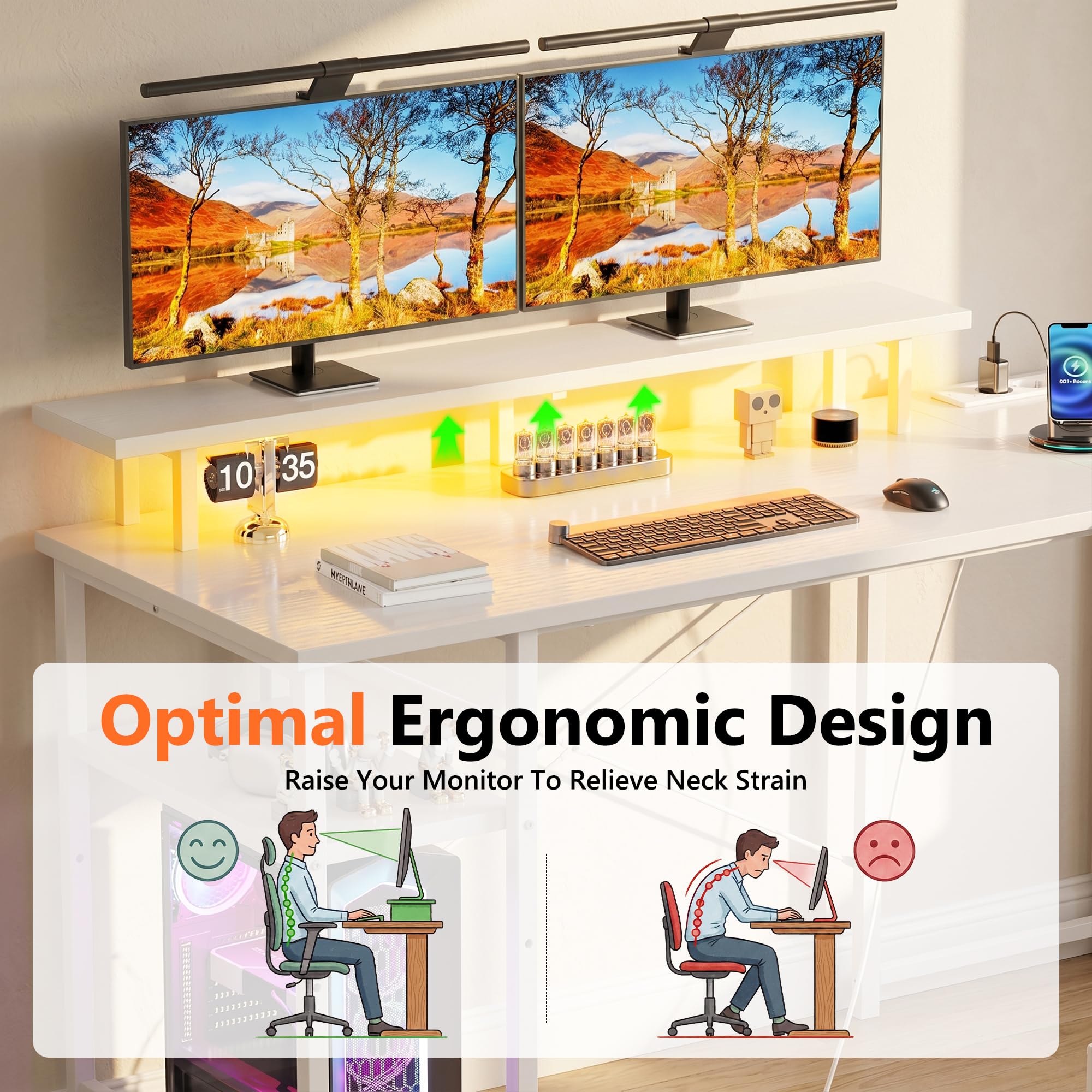 YOUDENOVA Scrivania con 4 Cassetti, 142x107 cm, Scrivania Angolare Reversibile con LED e Presa, Scrivania Gaming a L con Supporto per Monitor, Spazio di Archiviazione, per Home Office e Gamer, Bianco