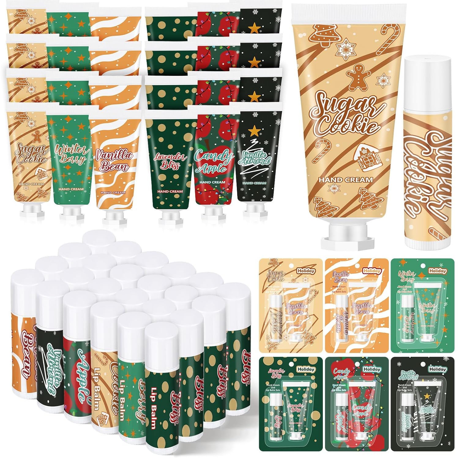 Loopeer 48pcs/24sets Christmas Hand Cream and Lip Balm Gift Set Christmas Stocking Stuffer for Women Travel Hand Lotions Moisturizing Lipstick for Dry Cracked Xmas Party Favor Bulk Gift Coworker Adult