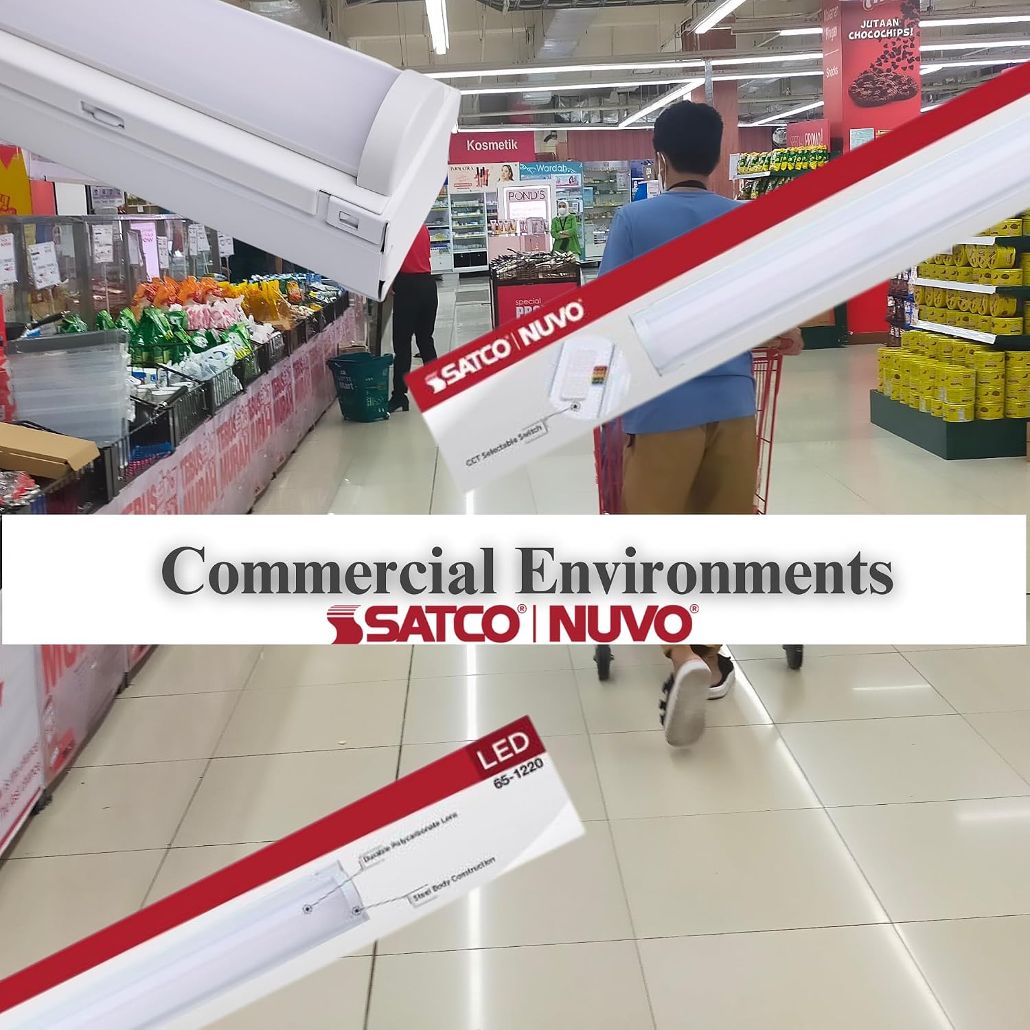 Satco 65-1220 2FT 10W LED Strip Light, CCT Selectable 2700K-5000K, 1000-1200 Lumens, Non-Dimmable, White Finish, 120-277V, High CRI, Long-Lasting LED Fixture (2 Pack)