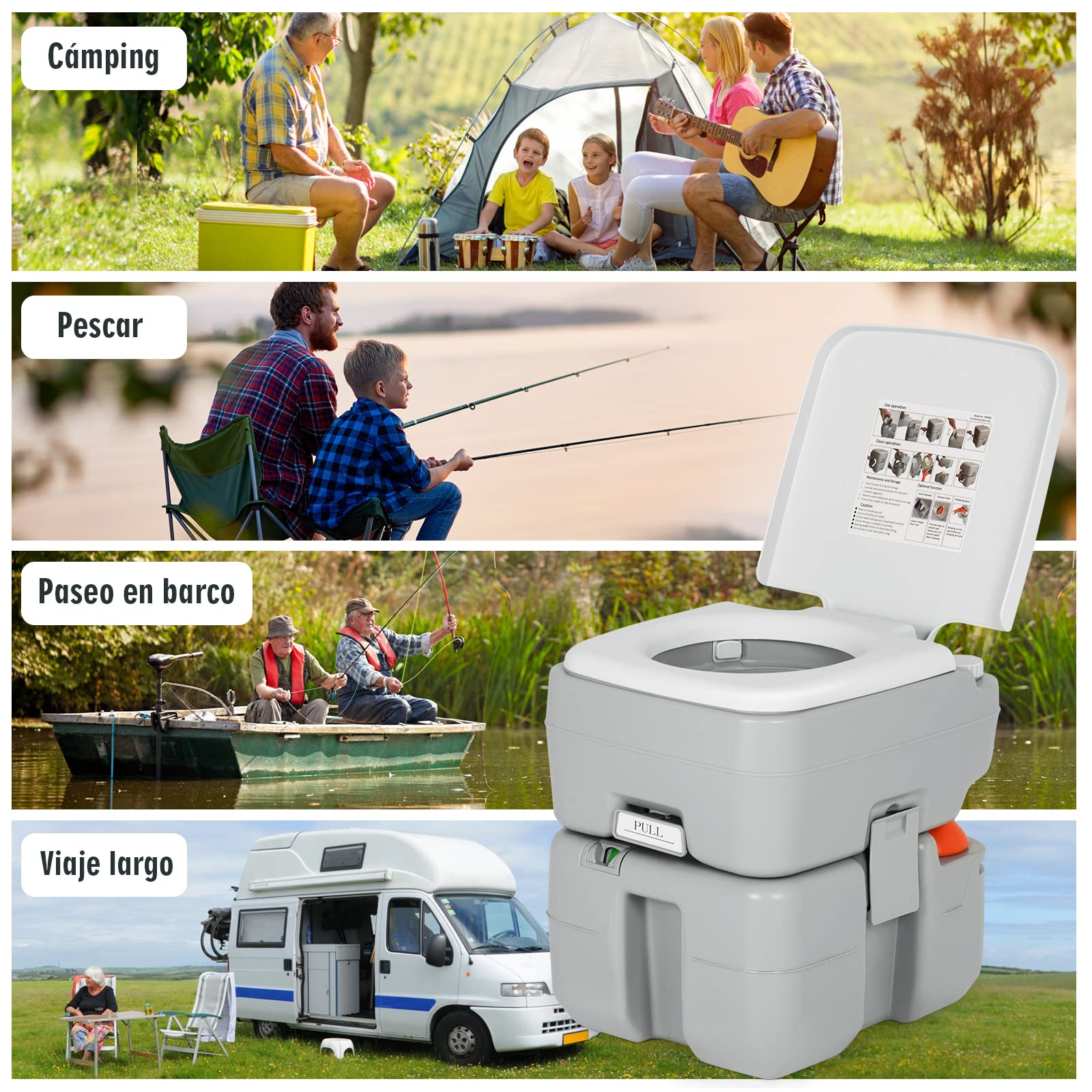 COSTWAY WC Portátil, Inodoro Portátil de Camping con 20 L de Tanque Extraíble de Agua Residuales y Bomba de Desagüe, para Autocaravana con Indicador del Nivel del Agua,Carga 200 kg y Anticorriente