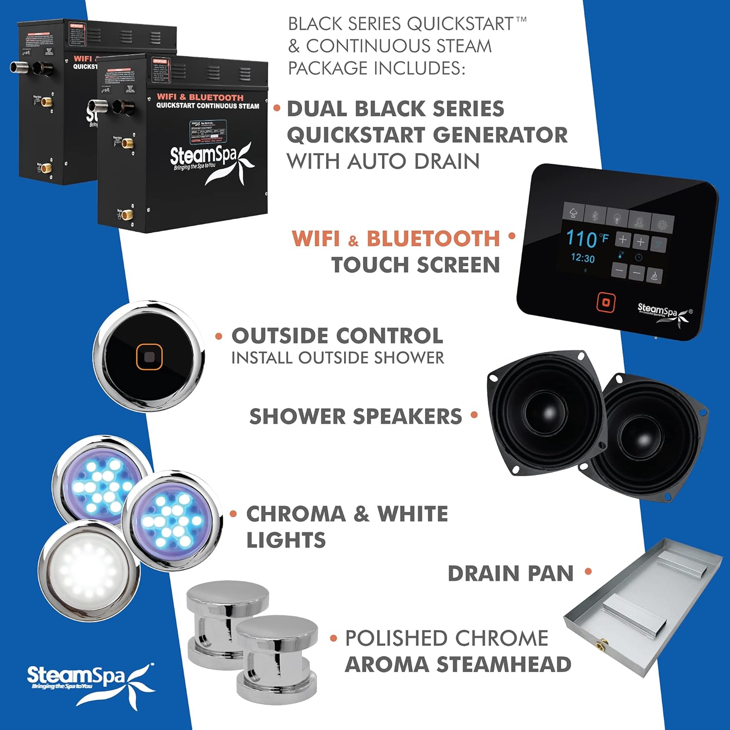 Generator with Quick Start Continuous Steam Technology, Wi-Fi, Bluetooth and Autodrain | 18kW Steam Generator with Chrome Steam Head with Aromatherapy Reservoir | RVB1800CH-A