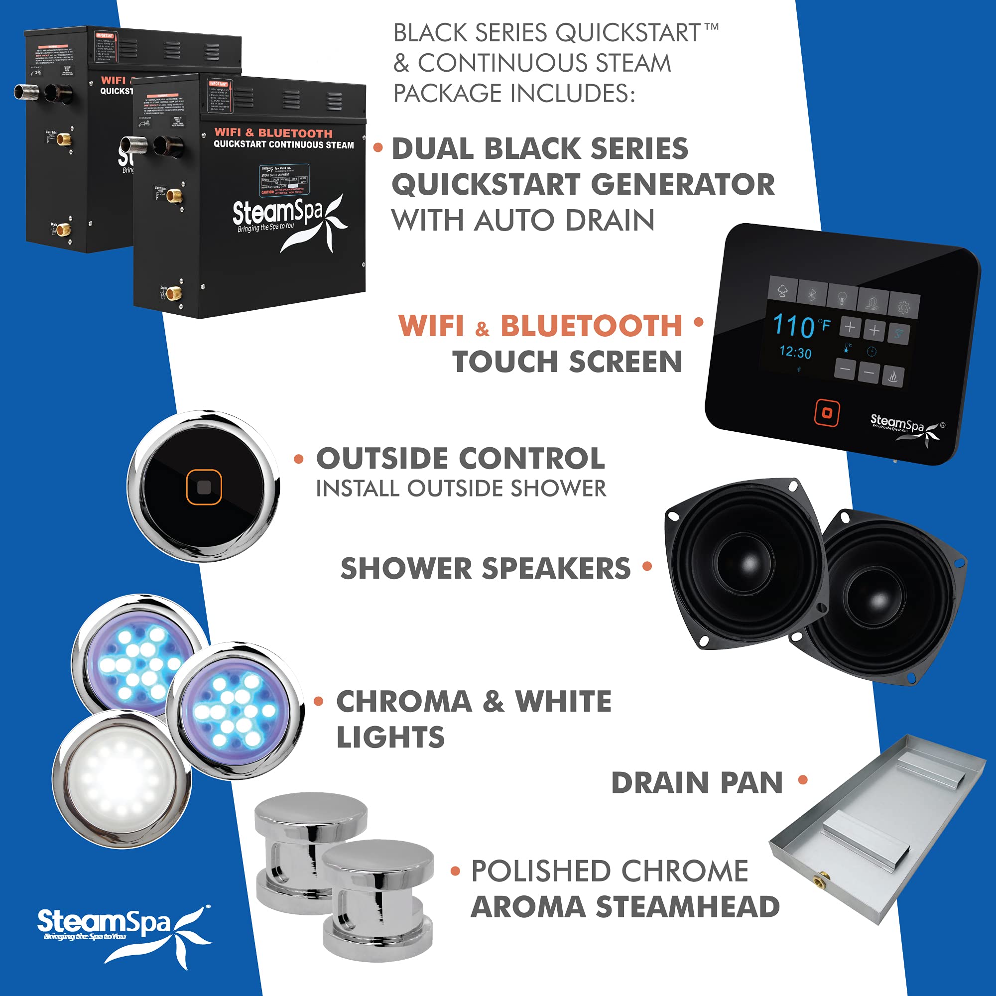 RVB1500CH-A - Sistema de generador de ducha de vapor | Cabezal de ducha de cromo pulido + combo de autodrenaje | Paquete de cabina de vapor para sauna y spa | Pantalla táctil WiFi App/Panel de control