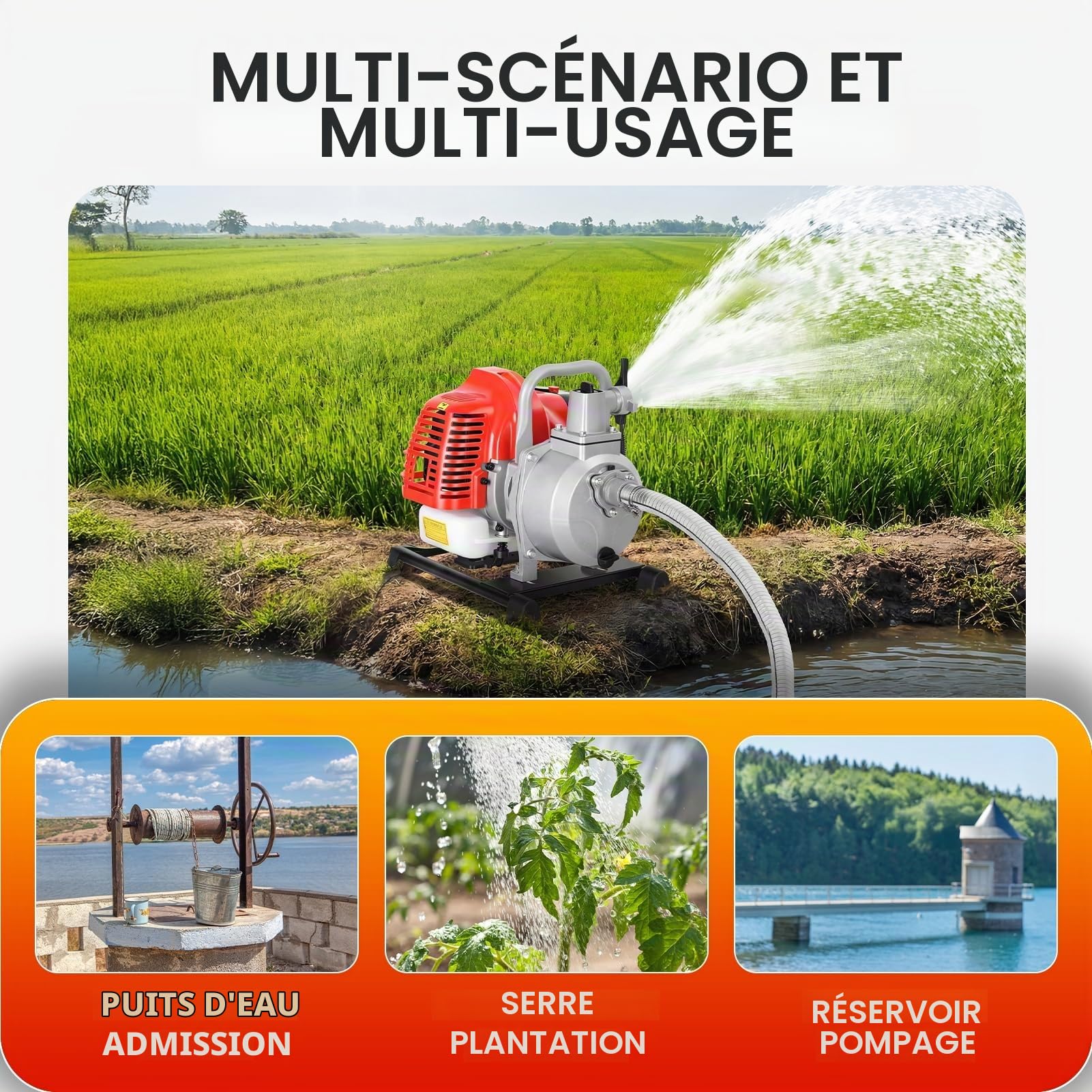 Motopompe Thermique 42.5CC (1.25 kW) - Pompe à Eau Thermique à Essence 9756 L/h (30m) - Pompe de Surface, Arrosage Jardin et Vide Piscine pour Irrigation Agricole Rouge