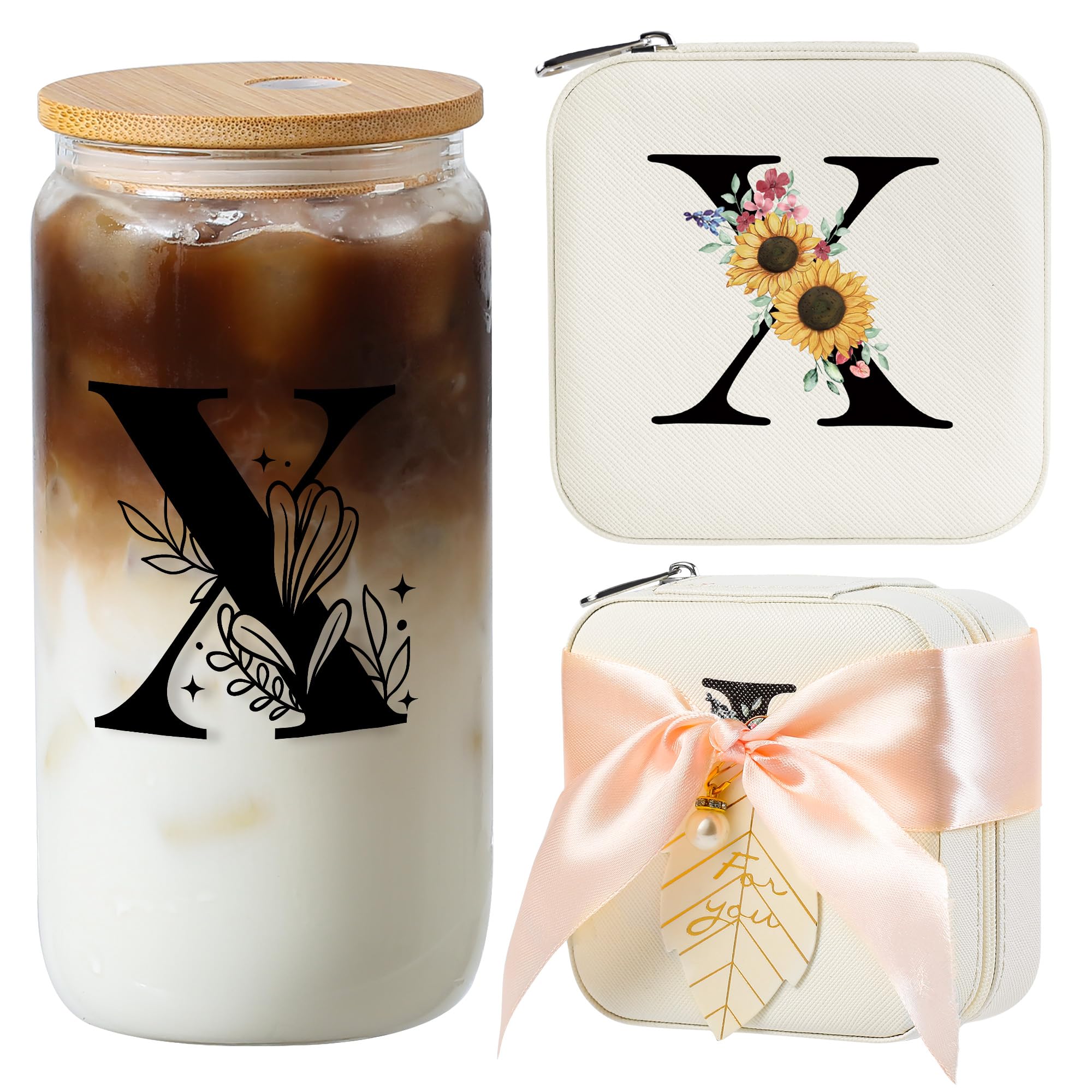 AYGXU Personalized gifts for bridesmaid,16oz glass cups with lids and straws,Jewelry Organizer,Graduation Travel Gifts for Women,Personalized Travel Mini Jewelry Case,Initial X white