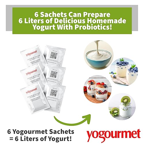 Miniatura 2 de Yogourmet Iniciador de yogur con probióticos (6 sobres  6 cuartos de galón de yogur) - Haz yogur en casa - Cultivo básico - Todo natural, sin