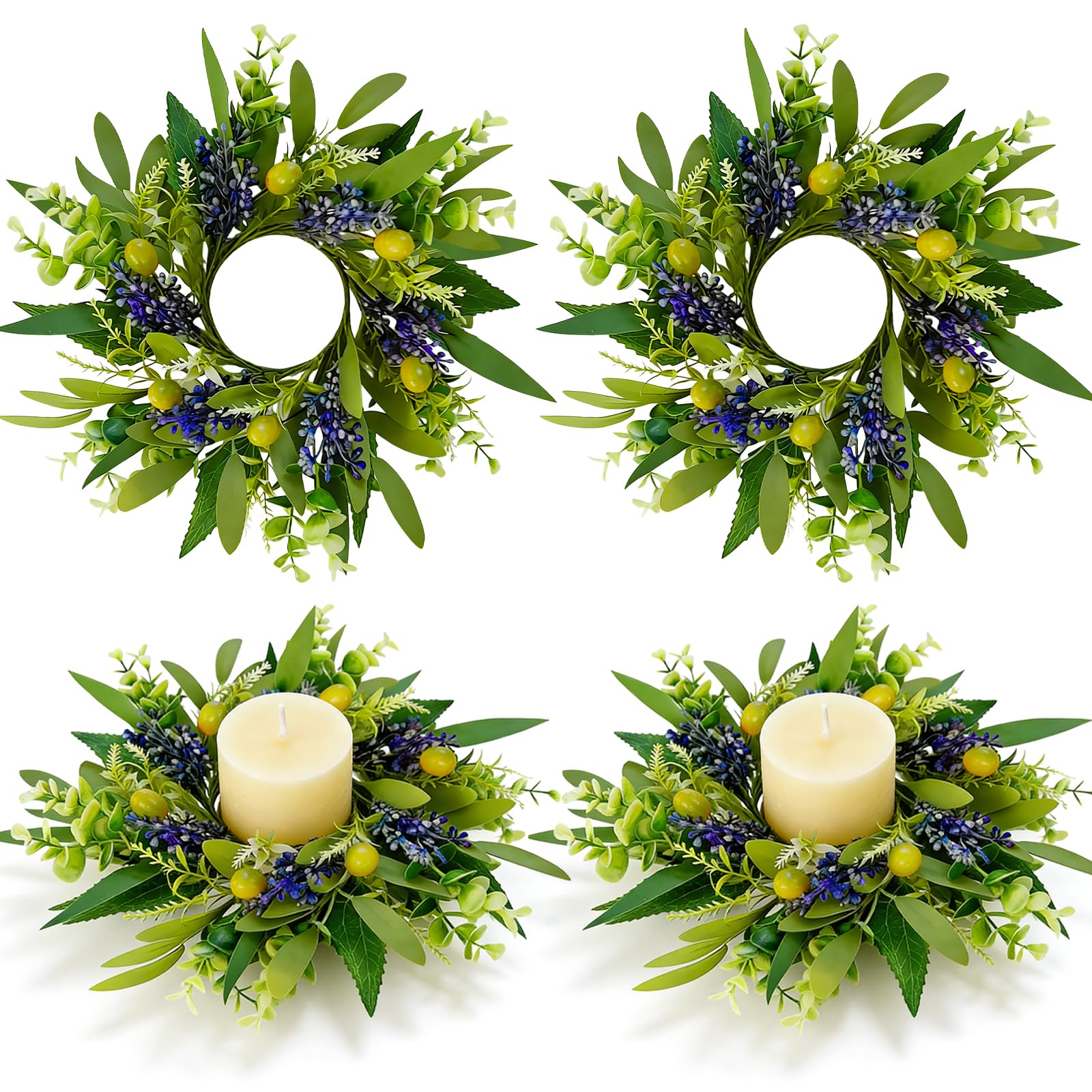 4 PCS Eucalyptus Olive Candle Rings Wreaths Spring Summer Greenery Kitchen Cabinet Wreaths Mini Green Boxwood Leaves Candle Wreath for Pillars Farmhouse Wedding Celebrations Tabletop Decoration