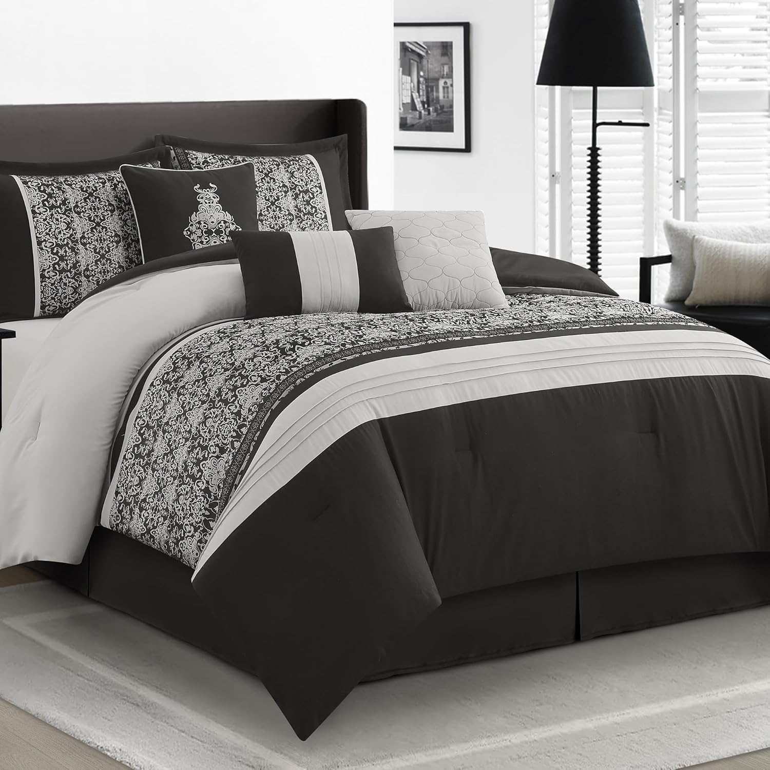 LANCO MODERN LIFESTYLE Black Silver Queen Comforter Set, Damask Jacquard with Matching Solid Piece Work, 7 Piece Soft Bedding Set for All Season, Bed Skirt, Pillow Shams and Decorative Pillows