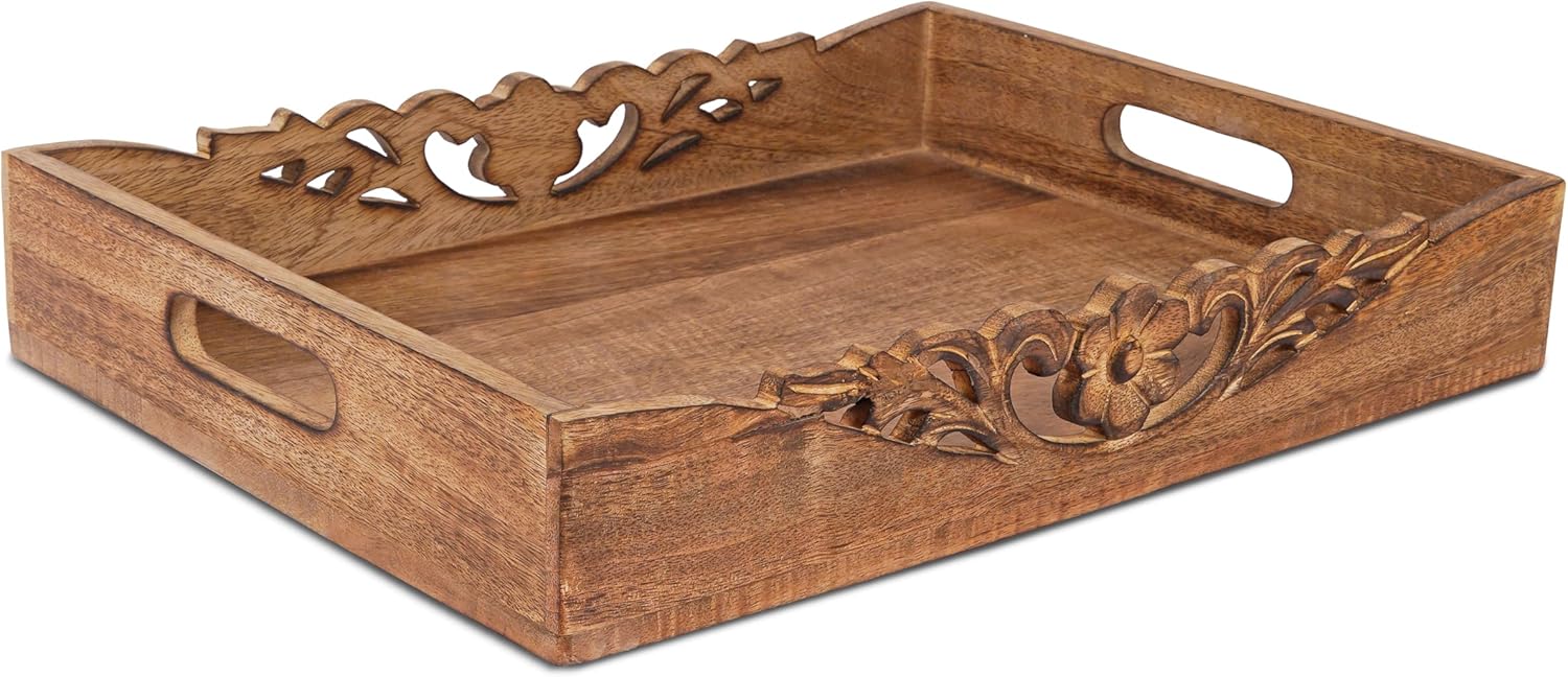 Coffee Table Tray (Medium Burnt) - “Orchid” Wood Serving Tray w/Handles for Breakfast in Bed - Mango Wood Decorative Tray w/Felt Pads - Medium Size Tray - 16” x 12” x 2.5”