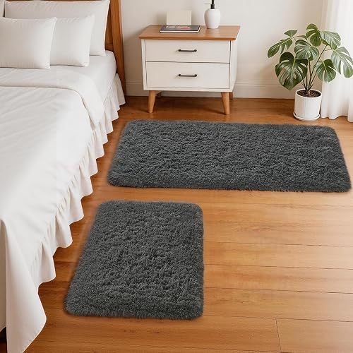 Ophanie Small Rug Washable Non Slip Throw Bedside Area Rugs, Fluffy Soft Mini Bedroom Carpet, 1.5x2.5 and 1.5x4 Rug Set, 2 Piece Grey - 52% off