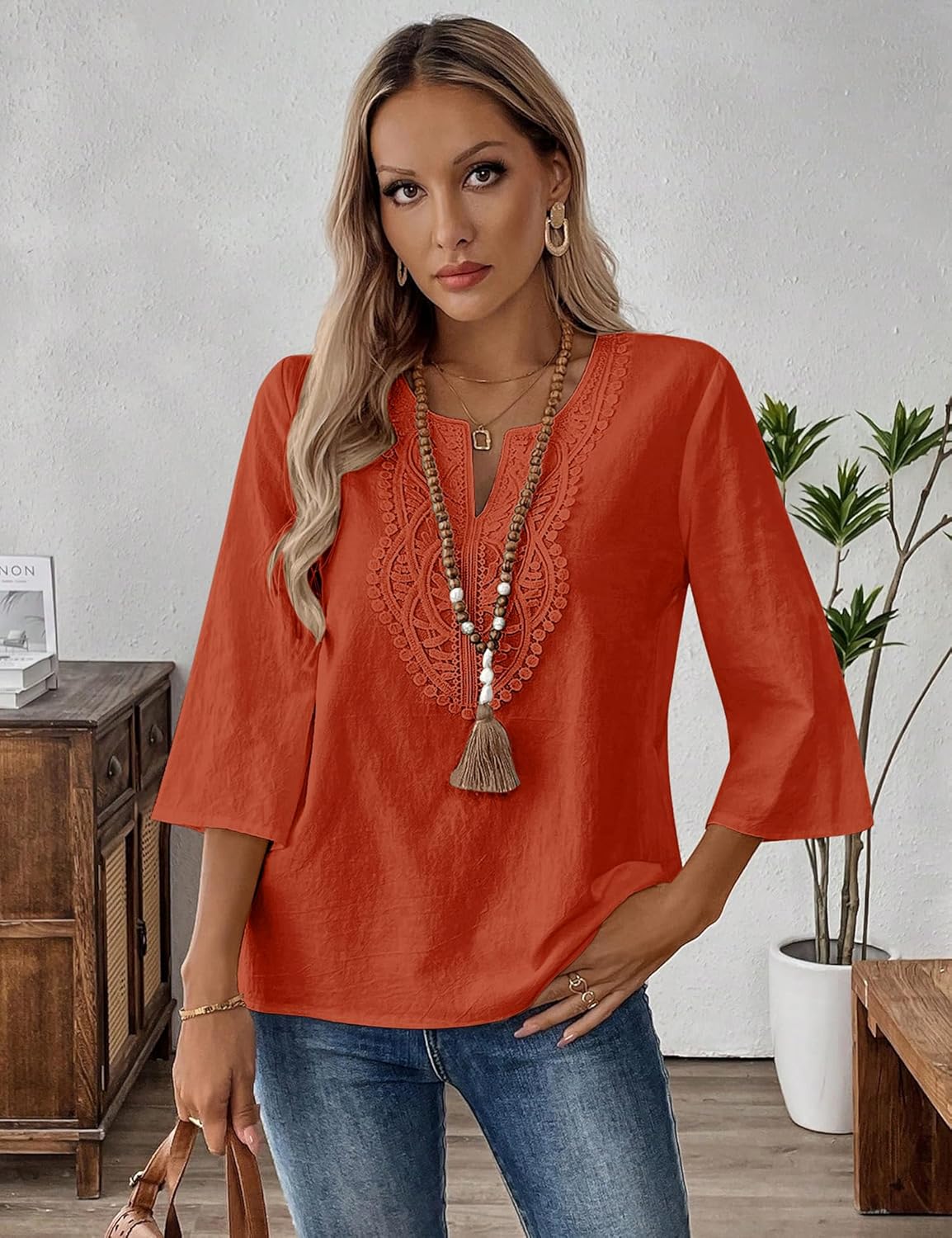 LOMON 3/4 Sleeve Tops for Women Casual Loose V Neck Lace T Shirts Half Sleeve Ladies Tops and Blouses - Image 3