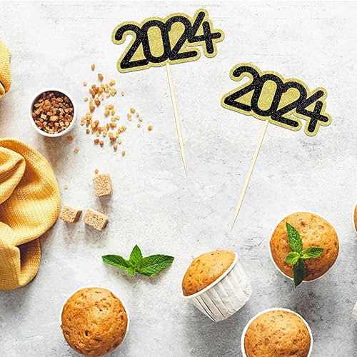 Miniatura 6 de 24 adornos para cupcakes con purpurina 2024, palillos para pasteles de Año Nuevo, decoración para pasteles de Año Nuevo 2024 para Año Nuevo,