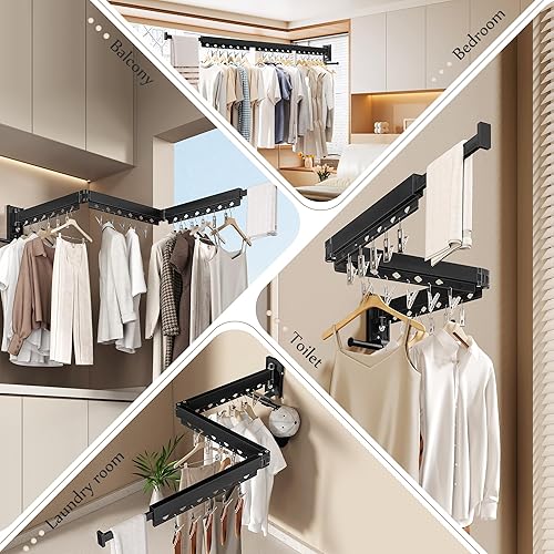 Vista 20 de Estante de secado de ropa montado en la pared, estante de secado de ropa plegable, estante de secado plegable retráctil para colgar ropa
