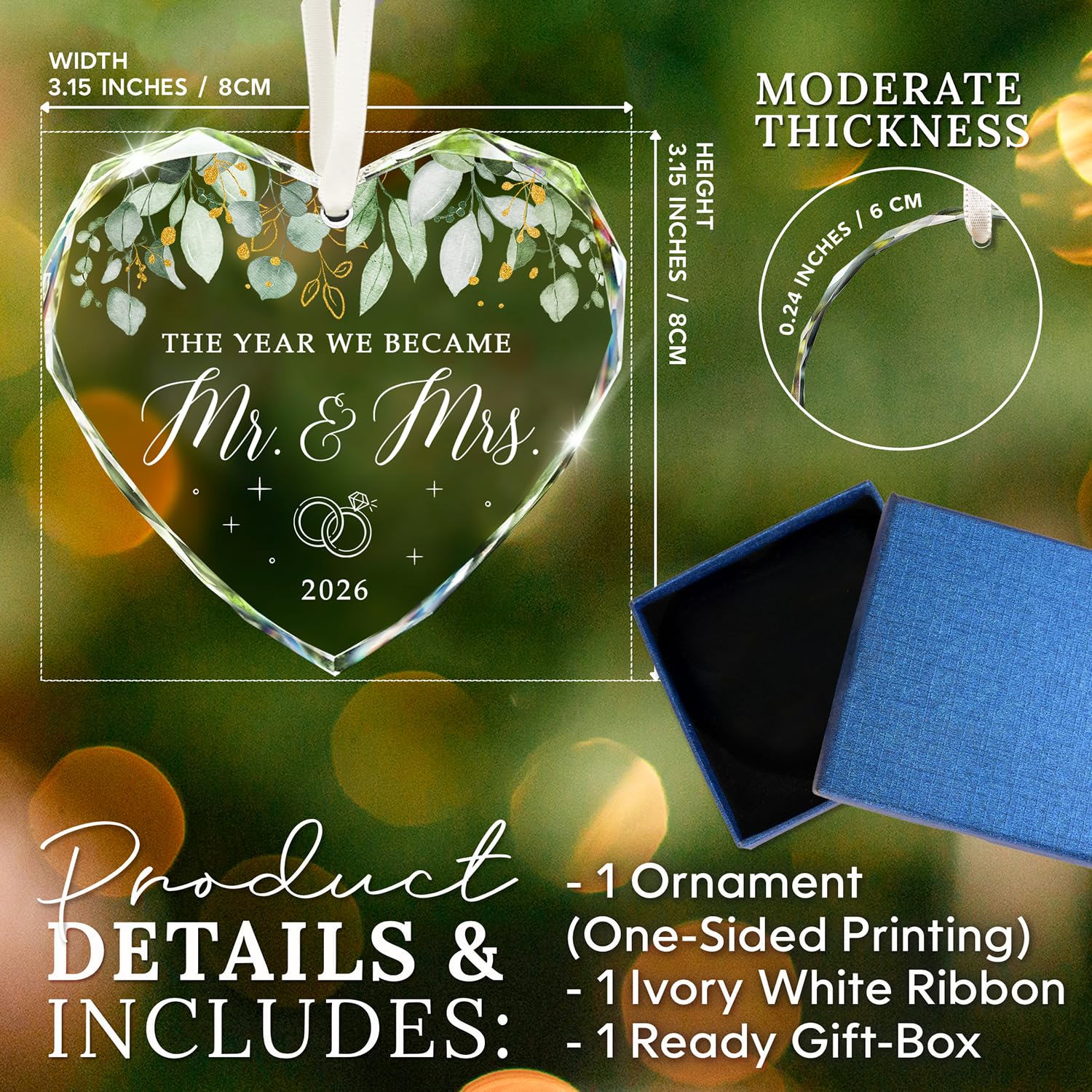 HEXMOZ Wedding Gifts for Couples 2026 - Mr and Mrs Gifts - Bridal Shower Gift, Wedding Ideas for Newly Wed, Bride, Future Mr Mrs - Just Married Glass Ornament 2026, 1st Married Couple Christmas Decor