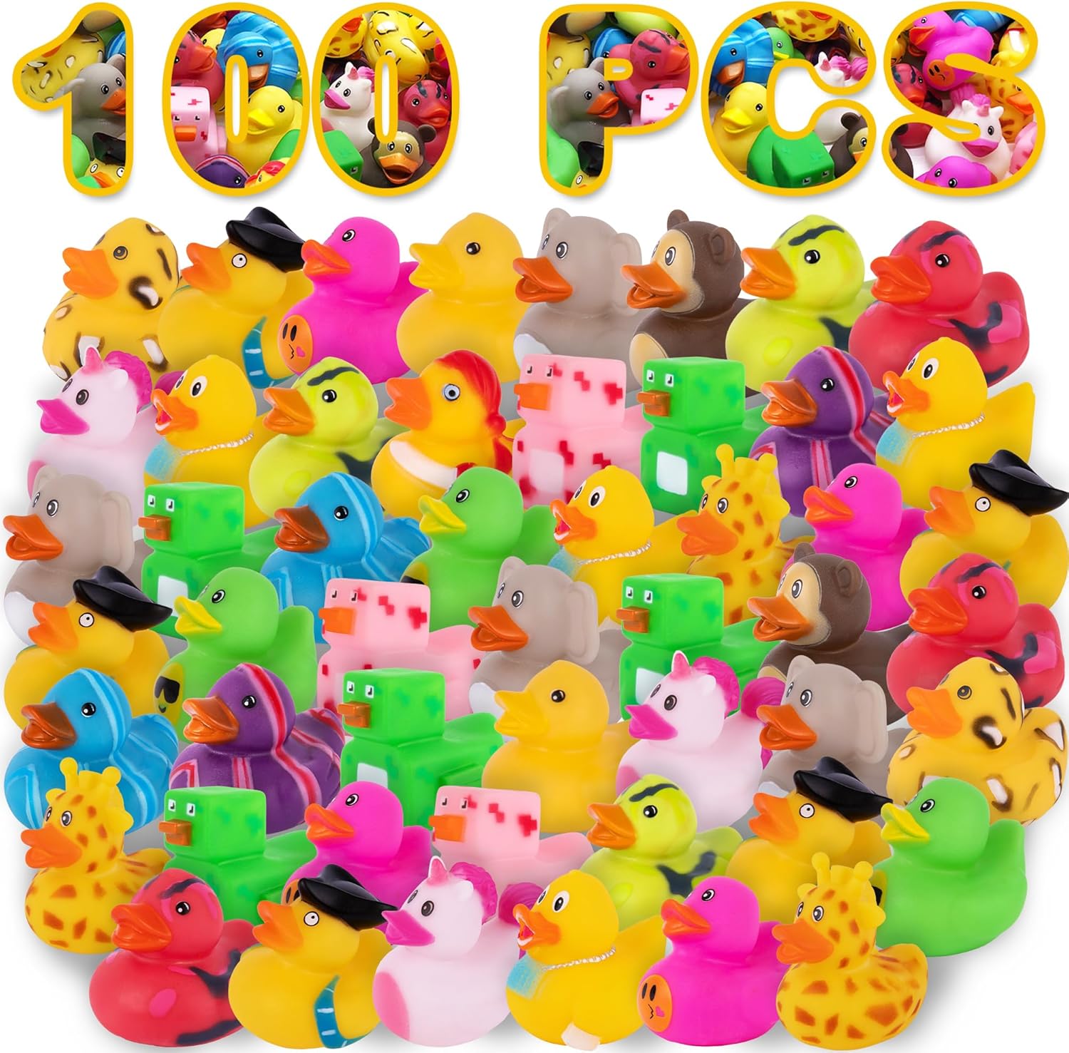 ArtCreativity 100 Rubber Ducks for Jeep Ducking, Fun Rubber Duckies in Bulk for Jeeps, Jeep Ducks, Bathtub Toys, Carnival Prizes & Birthday Party Favors for Kids, 17 Unique Designs