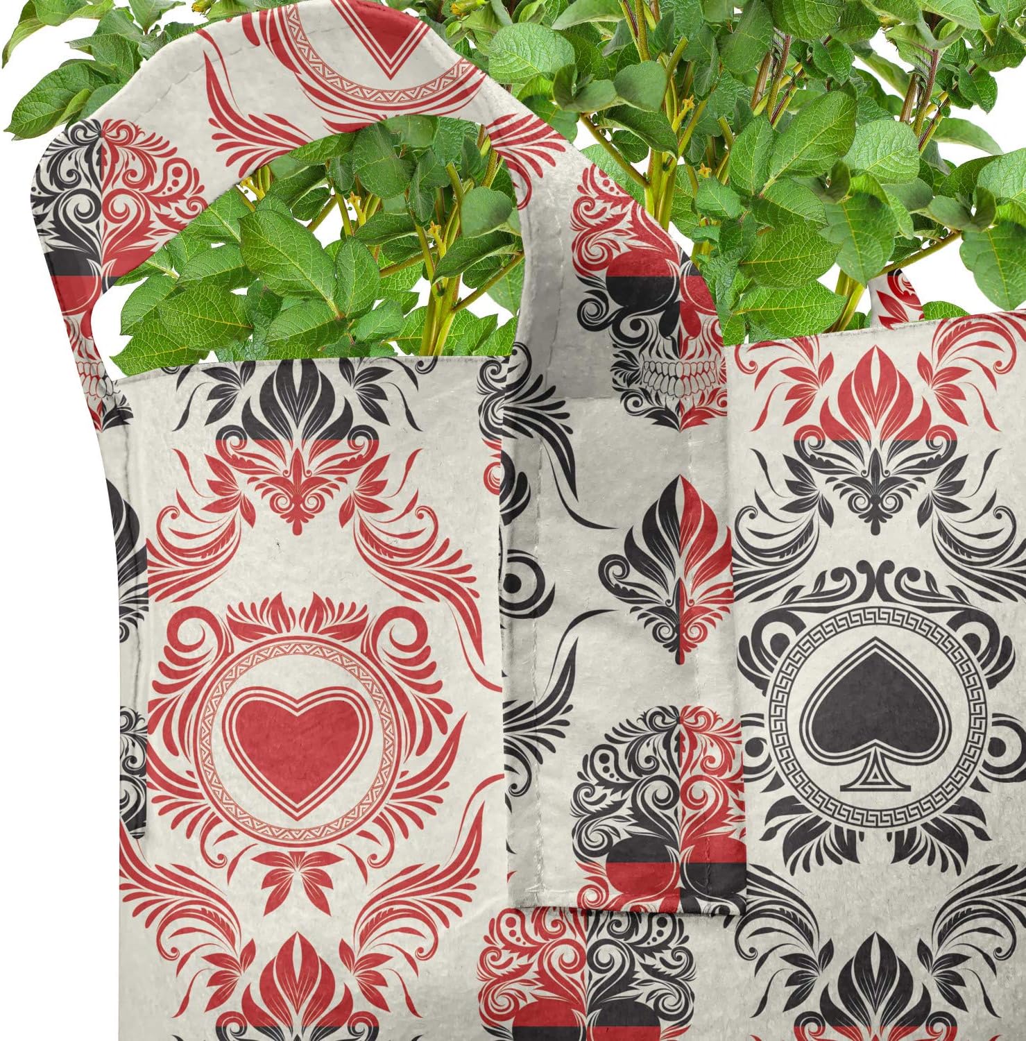 Lunarable Skull Grow Bags 5-Pack, Playing Card Ace of Spades, Heavyduty Fabric Pots with Handles for Plants, 5 Gallon, Vermilion Black Cream