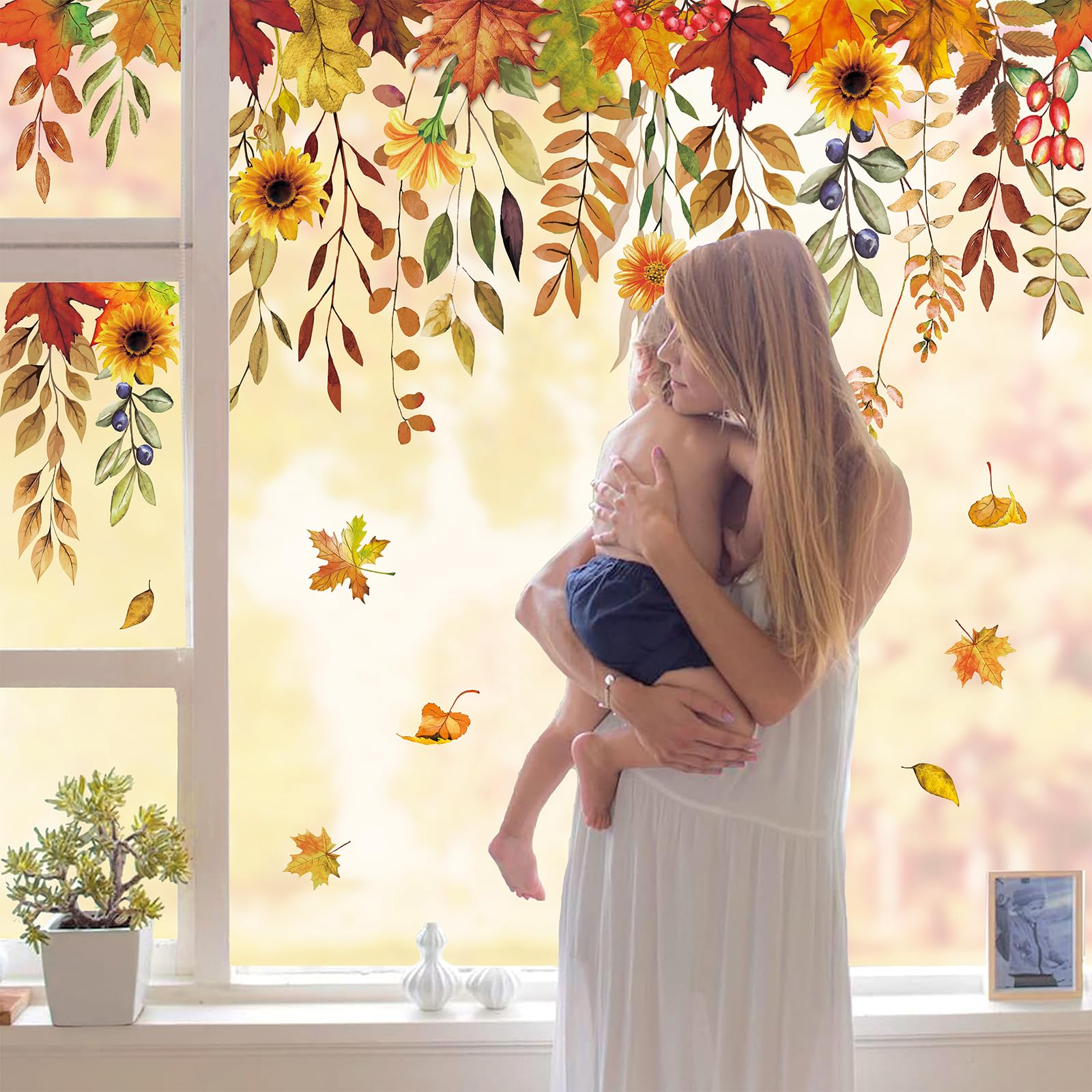 JarThenaAMCS 9 Sheet Fall Sunflower Window Clings Hanging Maple Leaves Flower Vine Window Stickers Double-Side Floral Glass Decals for Autumn Thanksgiving Home Harvest Party Shop Display Decoration