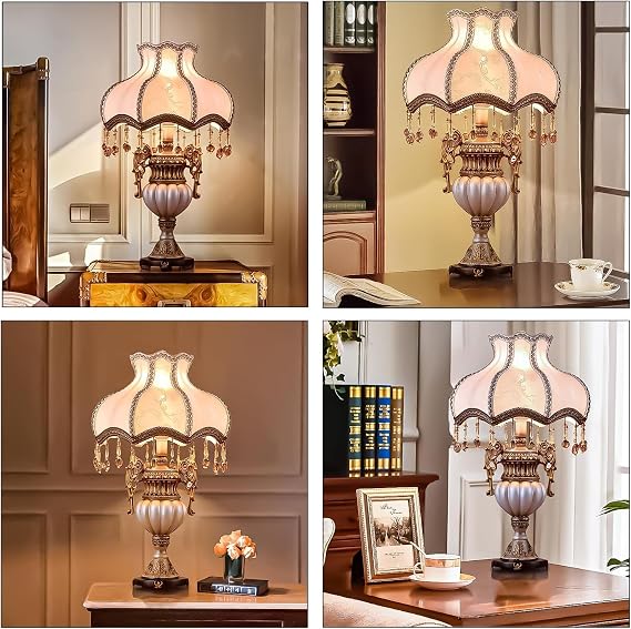 European Style Table Lamp Victorian Table Lamp with Fabric Lampshade and Resin Lamp Body Tiffany European Style Desk Lamp Light for Bedroom Living Room Dining Room Bedside